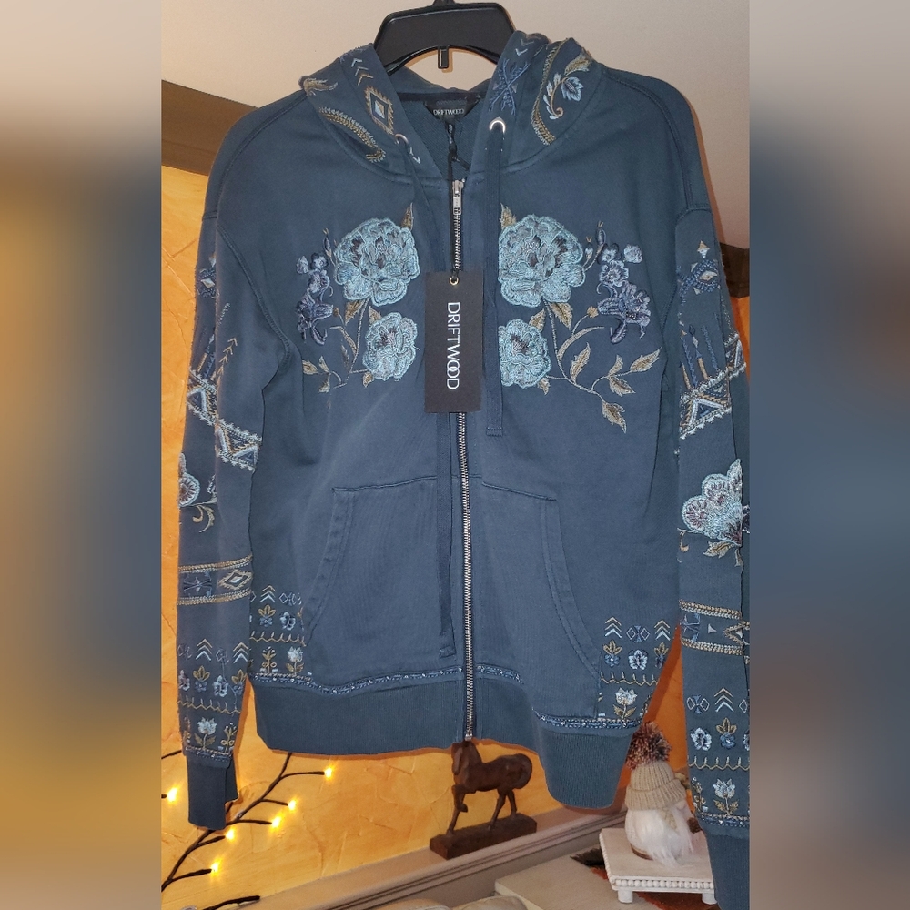 DRIFTWOOD Navy Floral Embroidered Bomber Jacket Size Medium